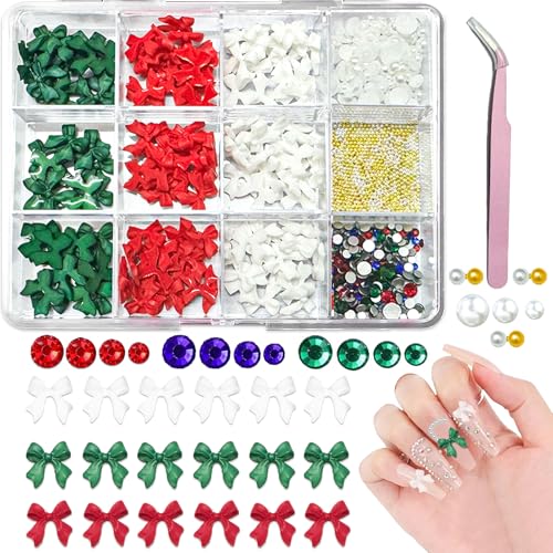 3D Bows Nail Art Charms, CYHYII Colorful Bowknots Mix Bow Tie Red Green Blue Nail Rhinestone Flatback Pearl Nail Charms for Acrylic Nails Manicure Decoration - color: 1 Boxes