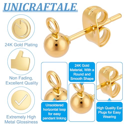 PH PandaHall 100pcs 24K Gold Plated Hypoallergenic Stainless Steel Stud Earrings with Ear Nuts Ball Post Earrings with Loop Earring Studs Set for Earring Making DIY 15x7mm, Ball 4mm