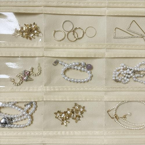1 Pack Hanging Jewelry Organizer 80-Pocket Dual-sided Jewelry Storage for Earring Necklace Bracelet Ring Travel Holder, White and Beige - color: White and Beige