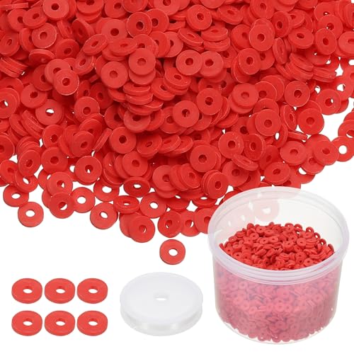 PATIKIL Clay Beads, 3000 Pcs Red Heishi Beads 6mm Flat Polymer Clay Beads Friendship Bracelet Kit with Elastic Cord for Jewelry Necklace Making - color: Red