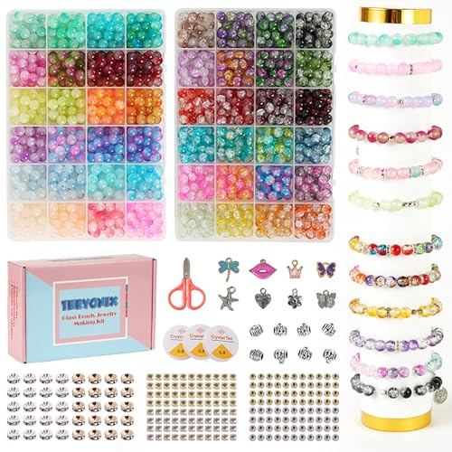 Glass Beads for Bracelet & Jewelry Making - 48 Colors, 1300 PCS+, 8mm Round Crystal Beads for DIY Art, Gifts,Decoration, Beading Projects & Crafts - color: (Bicolor+Crackle)-8mm