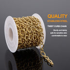 KYUNHOO 13 Feet Gold Plated Stainless Steel Bulk Chains for Jewelry Making Embossed Rhombic Chain Links with Lobster Clasps Jump Rings for Necklace DIY Supply Jewelry Findings - color: Twist Gold