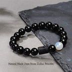 VLINRAS Zodiac Bracelet for Men Women, 8mm 10mm Natural Black Onyx Stone Star Sign Constellation Horoscope Bracelet Gifts