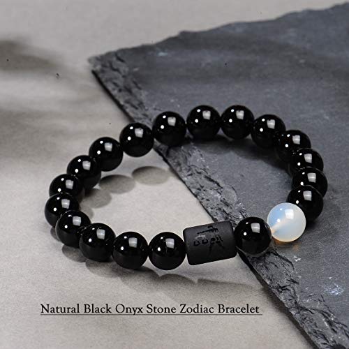 VLINRAS Zodiac Bracelet for Men Women, 8mm 10mm Natural Black Onyx Stone Star Sign Constellation Horoscope Bracelet Gifts