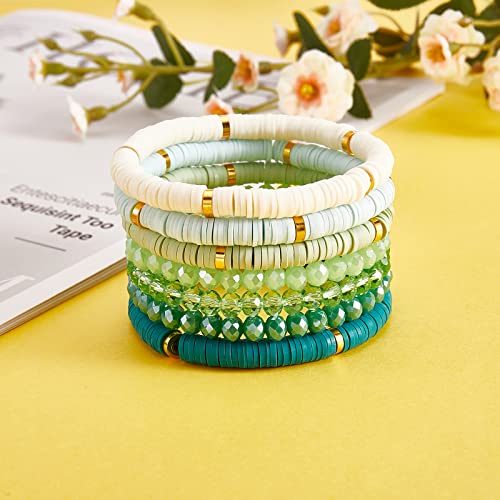 Ornaland 7Pcs Handmade Polymer Clay Heishi Surfer Stretch Bracelets Set Colorful Glass Beads Bracelets Boho Stackable Preppy Bracelets Wrist Jewelry for Women - color: Green