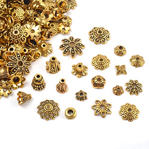 BronaGrand 100 Gram(About 250-350pcs) Bali Style Jewelry Making Metal Bead Caps Deluxe New Mix,Antique Gold - color: Antique Gold