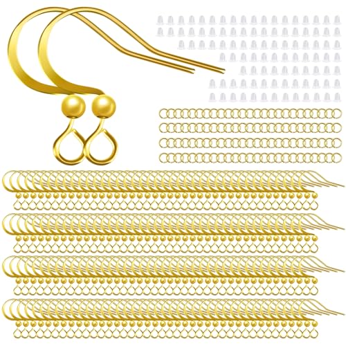 160 PCS/80 Pairs 18K Gold Tone Plated Earring Hooks Hypoallergenic Ear Wires Fish Hooks with 100 PCS Clear Silicone Earring Backs and 100 PCS Jump Rings Gold Earring Finding for DIY Jewelry Making - color: C style-18K Gold Earring Hooks