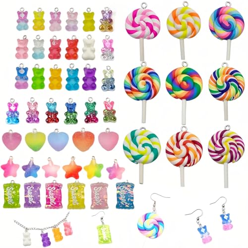 50 Pcs Assorted Colors Candy Pendant Charms, Cute Lollipop Bear Resin Charms for Jewelry Keychain Necklace Bracelet Earrings Making, DIY Crafts Supplies