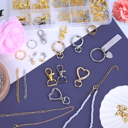 Prdingfy 579PCS Keychain Making Kit, Key Chain Supplies Including Keychain Clip, Key Rings, Lobster Claw Clasps, Jump Rings, Extender Chain,Pliers for Key Chain Making and Jewelry Making(Gold&Silver) - color: Gold-Sliver
