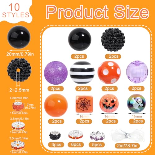 35 Pcs Chunky Bubblegum Beads 20mm Focal Pen Rhinestone Pearl with Rhinestone Large Hole European Spacer Beads for DIY Beadable Pens School Jewelry Making Keychain Craft Making(Hollowenn) - color: Happy Holloween