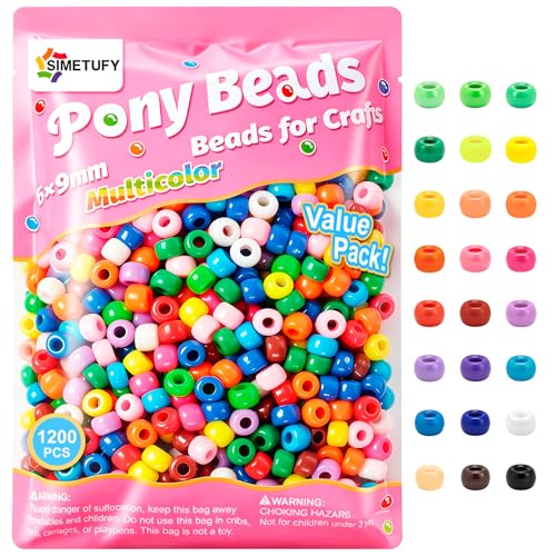 Simetufy 1200 Pcs Pony Beads for Bracelet Making, Multi-Colored 6x9mm Plastic Kandi Beads for Hair Braiding DIY Crafts Kandi Jewelry Key Chains Ornaments Decorations 24 Assorted Colors - color: Classic