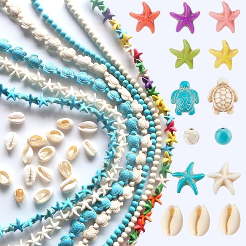 307Pcs Turquoise Sea Turtle Beads Blue and White Starfish Beads Tortoise Turtle Charms Summer Ocean Animal Spacer Bead for Jewelry Making DIY Bracelet Necklace(7 Strings) - color: Colorful