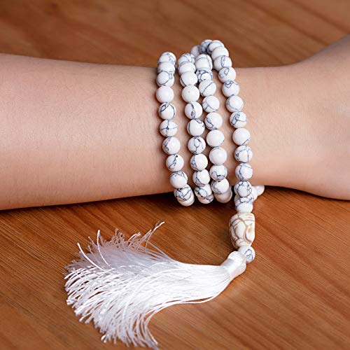 LIUANAN 108 Mala Beads 8mm Natural Bracelet Healing Gemstone Yoga Meditation Hand Knotted Mala Prayer Bead Necklace - color: White Natural Turquoise