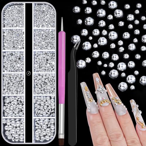 2160 Pcs Resin Half Round Pearls Kit, Mixed Sizes Flatback Silver Pearls, 3D Nail Decorations Pearls with Tweezers and Dual-end Brush for 3D Nail Crafts DIY, Face Makeup Gems Jewels(29-K1-2) - color: 29-K1-2
