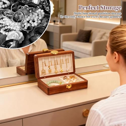 Travel Jewelry Case Small Wood Jewelry Organizer Jewelry Box for Women (Nut-Brown Print B) - color: Nut-Brown Print B