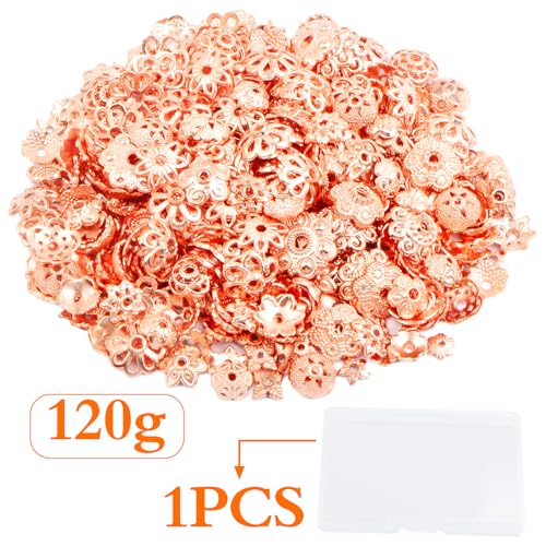 120 Gram Rose Golden Flower End Caps Cone Bead Caps Mixed Styles Spacer Beads Accessories with a Box for DIY Bracelet Necklace Crafts Jewelry Making - color: Rose Golden