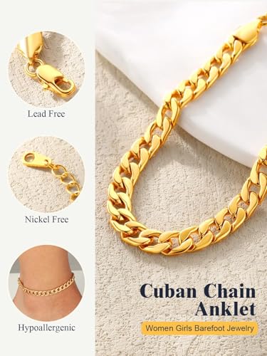 U7 Women Girls Barefoot Jewelry 18K Gold or Rose Gold Stainless Steel Heart/Rope/Figaro/Cuban Chain Anklet Foot Bracelet, 25-30 CM Long - color: Gold Plated-5mm-Cuban Chain