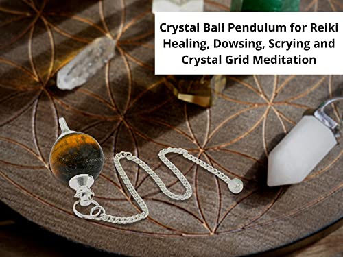 Amazing Gemstone Tiger Eye Crystal Ball Pendulum for Divination - Dowsing Pendulum Necklace with Chain and Quartz Bead for Reiki Healing and Crystal Grid Meditation - color: Tiger Eye