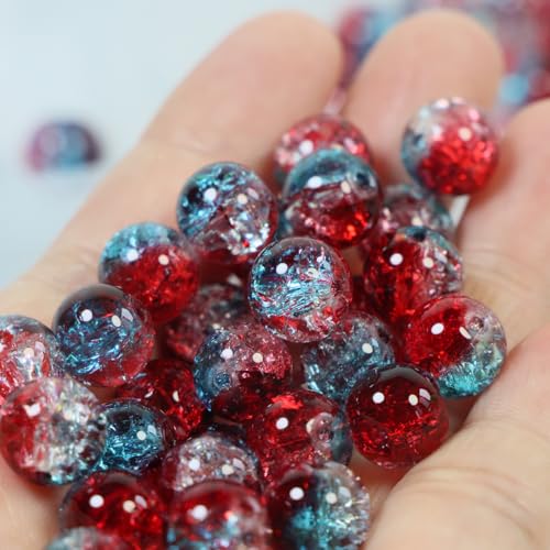 100Pcs 10mm Crackle Glass Beads for Jewelry Making - Round Spacer Crystal Beads Bulk, DIY Craft Supplies for Necklace Bracelet Earrings (Red Blue Transparent) - color: Red Blue Transparent