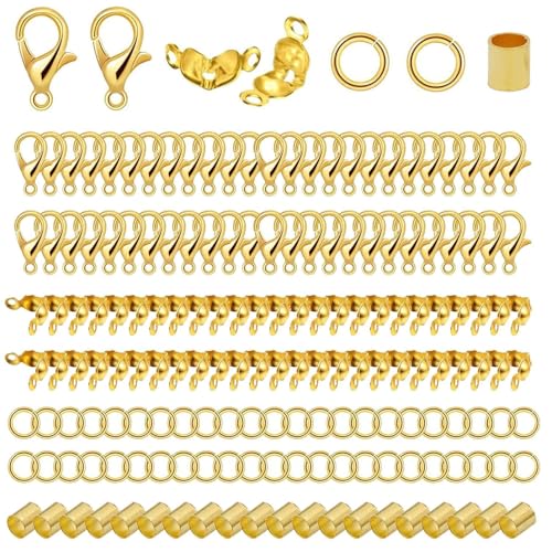 700pcs Jewelry Making Accessories Set with 100 Lobster Claw Clasp 200 Bead Tips Knot Covers 200 Crimp Tube Beads and 200 Open Jump Ring Connectors for DIY Jewelry Bracelets Necklaces（Gold） - color: Gold