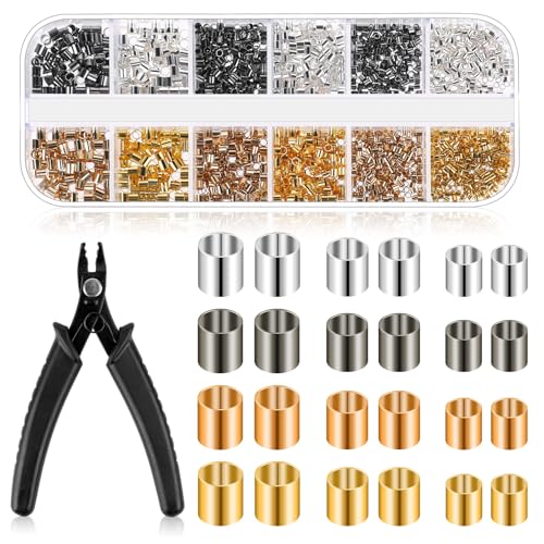 2200 Pieces Crimp Beads for Jewelry Making, Crimp Tubes with Crimping Pliers, 3 Sizes 4 Colors Crimping Beads for Bracelet Necklace Earring DIY