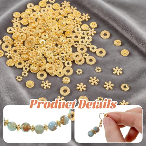 300 Pcs Gold Spacer Beads for Jewelry Making, 6 Styles Zinc Alloy Gold Beads for Bracelets Include Flower Snowflake Donut Bicone Decorative Gold Bracelet Bead for Craft DIY Necklace Earring Supplies