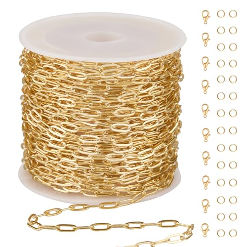 GTVOODX 33 Feet Gold Paperclip Chains for Jewelry Making Oval Soldered Stainless Steel Necklace Bulk Chain Roll Spool for DIY Bracelet Craft Supplies with Lobster Clasps Jump Rings - color: Gold Thin Paperclip Chains
