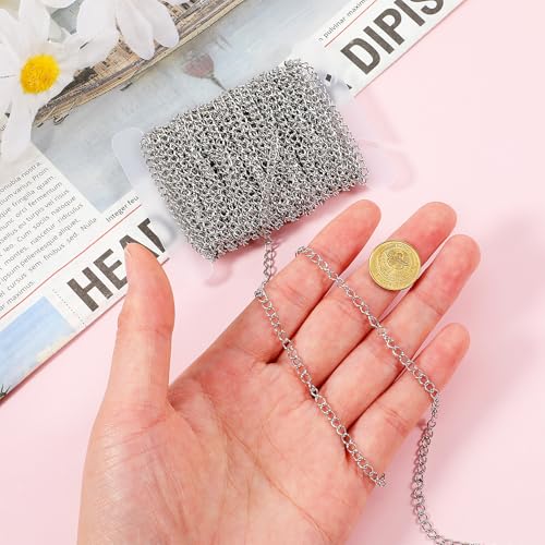 Curb Chain for Jewelry Making 3mm 33 Ft Silver Chain Roll Stainless Steel Necklace Chains Extenders for Women Tarnish Resistant Stainless Steel, Chains Necklace for Pendants Bracelet Making DIY Craft