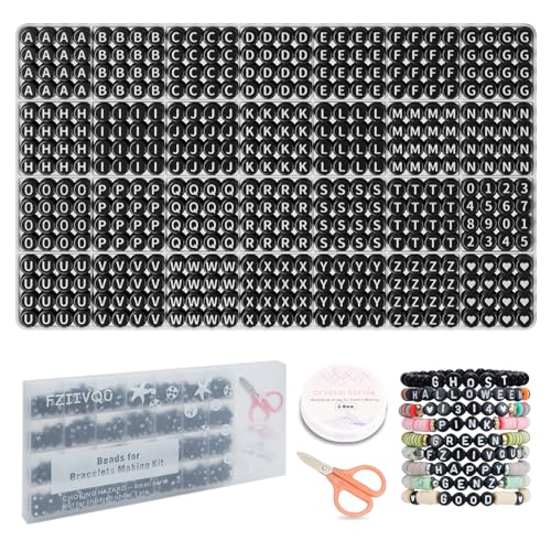 FZIIVQU 1400 Pcs Letter Beads Kit, 28 Styles White Acrylic Alphabet Beads Letter Beads for Jewelry Making wiht Number Beads Heart Beads Friendship Bracelet Kit - color: White Letters & Black Base, size: 4*7mm