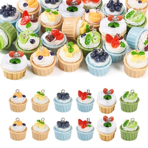 Cheriswelry Cup Cake Resin Pendants Lovely Food Sweet Dessert Dangle Charms Links Hanging Ornament with Metal Loop Fruit Pendants for Key Chains Bracelet Necklace Jewelry Making - color: Cup Cake-Mixed Color*2
