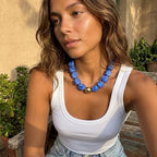 Mchic Colorful Beaded Choker Necklace for Women: Boho Large Square Acrylic Beaded Necklace Stainless Steel Adjustable Surfer Beach Strand Necklaces Summer Handmade Jewelry Gift for Women - color: Blue