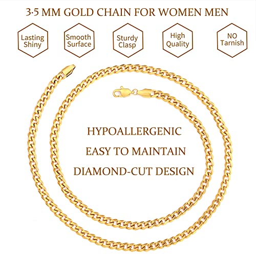 Fiusem 3.5mm Cuban Link Chains for Men, Silver Tone/Black/14K Gold Plated Stainless Steel Necklace Chain, Mens Necklace 16, 18, 20, 22, 24, 26, 28 Inch - size: 22 Inches, style: c.3.5mm width-gold plated