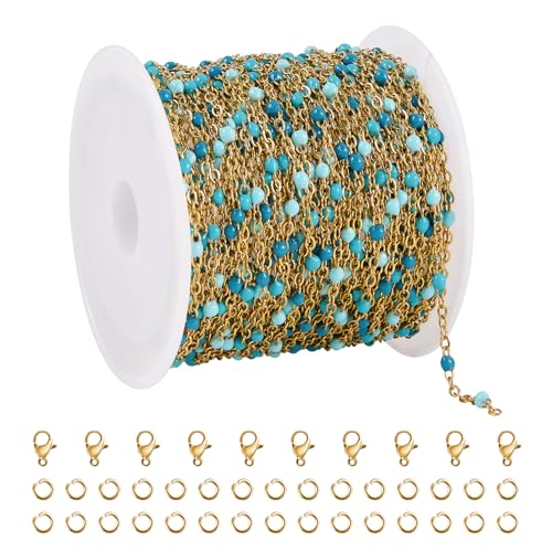 UMAOKANG 33 Feet Blue Enamel Beaded Chains for Jewelry Making Gold Plated Stainless Steel Decoration Craft Chain Roll - color: 3 Blue-Gold
