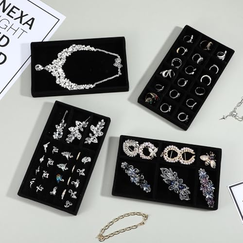 8 Pack 4 Styles Velvet Jewelry Tray, 8" x 5" Jewelry Organizer Tray Stackable Jewelry Storage Tray, Drawer Jewelry Tray for Rings, Earrings, Necklace, Bracelet, Black