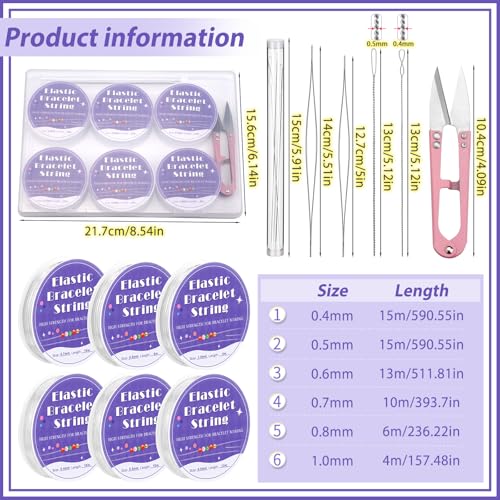 UOOU 6 Rolls Bracelet String for Bracelet Making, 0.4mm, 0.5mm, 0.6mm, 0.7mm, 0.8mm, 1mm Jewelry Making String with Beading Needles, Bead Elastic Cord for Bracelets - size: 0.4mm/0.5mm/0.6mm/0.7mm/0.8mm/1.0mm