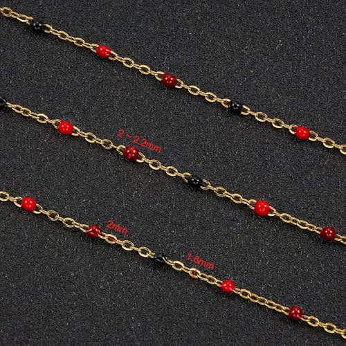 UMAOKANG 33 Feet Stainless Steel Jewelry Making Chain Black Red Enamel Beaded Cable Chains Bulk on Spool - color: Blak Red-Gold