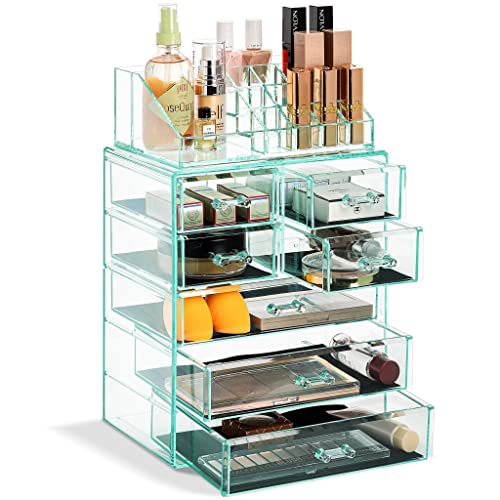 Sorbus Acrylic Makeup Organizer Set, 7-Drawer Vanity & Countertop Cosmetic Storage with Small & Wide Compartments, Teal Thrill Makeup Storage for Brushes, Jewelry – Holiday Gift for Women & Teens - color: Teal Thrill, size: 3 Large, 4 Small Drawers
