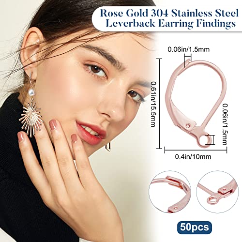 Beebeecraft 1 Box 50Pcs Leverback Earring Hooks Stainless Steel Earring Findings 15.5x10mm Rose Gold Earwires Lever Back Hoops for Jewelry Making - color: 15.5x10mm Rose Gold Earring Hooks