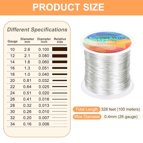 HARFINGTON Wire 328ft Length 26 Gauge Copper Craft Jewelry Wrapping Wire Tarnish Resistant Beading for Jewelry Making Supplies Crafting, Bright Silver - color: Bright Silver