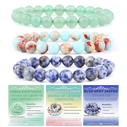 2/3-Pieces 4mm 6mm 8mm Natural Crystal Gemstone – Handmade Reiki Energy Healing Stretch Bracelets Jewelry for Yoga, Meditation, Unisex - color: 3 Pieces (AgalmatoliteJasper&BlueSpot&GreenAventurine), size: 8mm