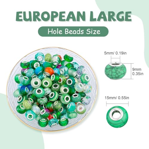 LAIDANLA Green Mix Large Hole Beads, 100pcs 15mm x 5mm Round Resin, Plastic, Acrylic Loose Beads for Jewelry Making, Bracelet, Necklace, Earrings, Keychain, DIY Gifts - color: H-Green Mix
