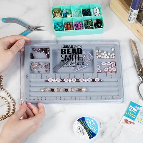 The Beadsmith Mini Bead Board - Grey Flocked, 4 Straight Channels, 5 Recessed Compartments, 7.75 x 11.25 inches, Design Boards for Creating Bracelets, Necklaces and Other Jewelry - size: 4 Straight Channel w/ Cover