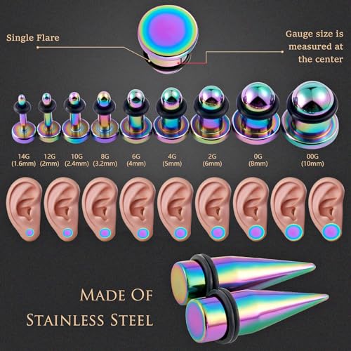 Longbeauty 14G-00G 36pcs Ear Gauges Stretching Kit Surgical Steel Tapers for Ears Gauge Starter Kits Single Flat Top Gauges Plugs for Women Men - color: Colorful