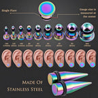 Longbeauty 14G-00G 36pcs Ear Gauges Stretching Kit Surgical Steel Tapers for Ears Gauge Starter Kits Single Flat Top Gauges Plugs for Women Men - color: Colorful