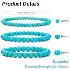 3Pcs Natural Healing Crystal Bracelets for Women Men, 4mm 6mm 8mm Beaded Stretch Bracelet Set, Black Tourmaline Natural Stone Gemstone Jewelry Gifts for Meditation, Reiki & Yoga - color: Turquoise