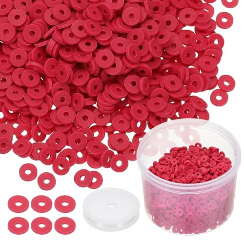 PATIKIL Clay Beads, 3000 Pcs Rose Red Heishi Beads 6mm Flat Polymer Clay Beads Friendship Bracelet Kit with Elastic Cord for Jewelry Necklace Making - color: Rose Red