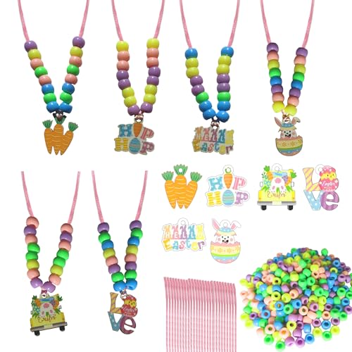 Twelcshyp 24 Sets Easter Beads Necklace Bulk DIY Easter Craft Kit Bunny Chick Egg Carrot Wood Charms Color Pastel Beads for Party Favors Classroom Supplies