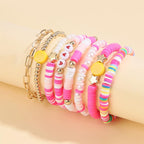 COLORFUL BLING 5-12Pcs Bohemian Love Heart Bead Bracelets for Women Vinyl Disc Heishi Surfer Stackable Stretch Bracelet Summer Beach Boho Jewelry - color: 8pcs pink face