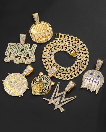 Lced Out Diamond Cuban Chain for Men | Hip Hop Miami Link Necklace Silver & Gold Plated Options with Pendant, 7-Pack Gift Set - color: Gold, size: 24 inches