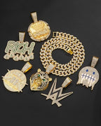 Lced Out Diamond Cuban Chain for Men | Hip Hop Miami Link Necklace Silver & Gold Plated Options with Pendant, 7-Pack Gift Set - color: Gold, size: 24 inches
